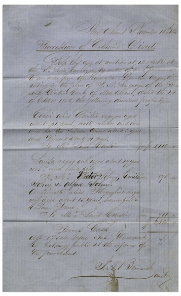 New Orleans Slave Receipt From 1853 -- Disturbing Bill of Sale From a Slave Auction at the St. Louis Exchange Hotel Itemizes Several Slaves With Purchase Price, Signed by the Auctioneer